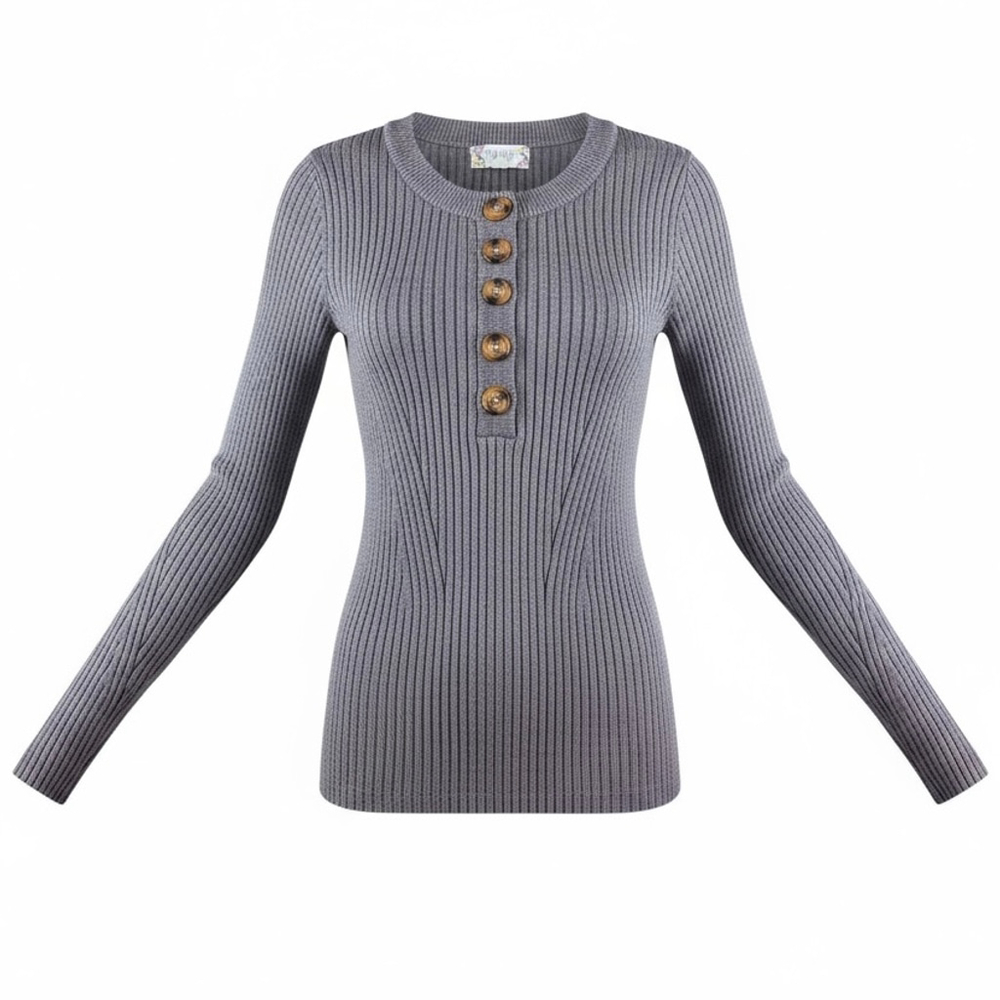 Pink Rose Button Front Sweater Grey Ribbed Knit Size Medium